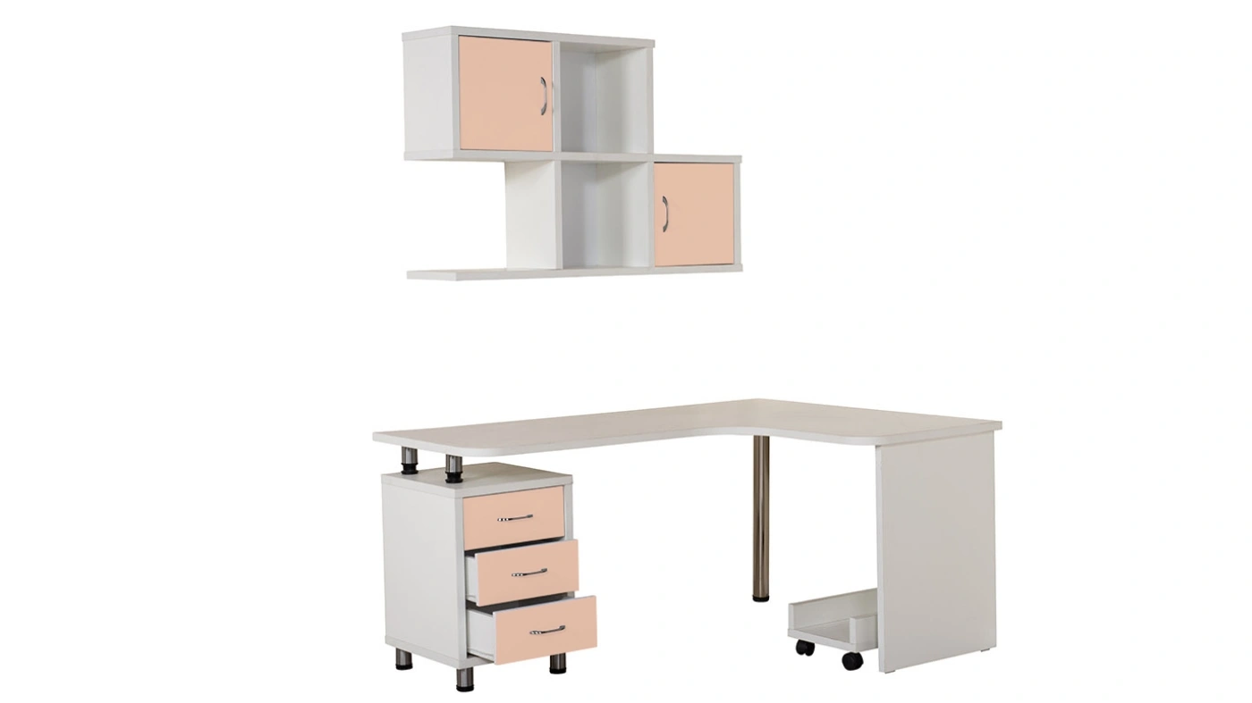 שולחן כתיבה פינתי לילדים ונוער עם מגירות וכוורת "זיו" | צבע לבן (לפינה ימנית)